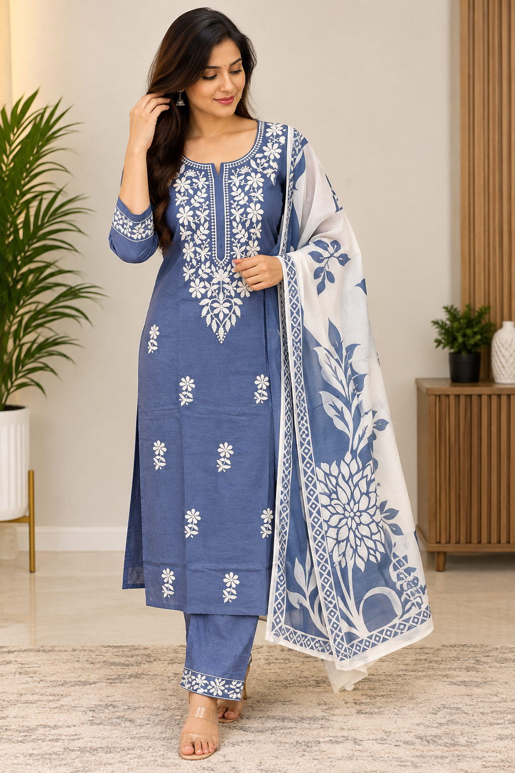 Slate Blue Embroidered Rayon 3-Piece Kurta Dupatta Set