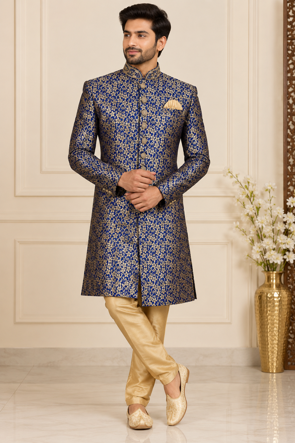 Royal Blue & Gold Designer Sherwani for Men | Kanal Collections