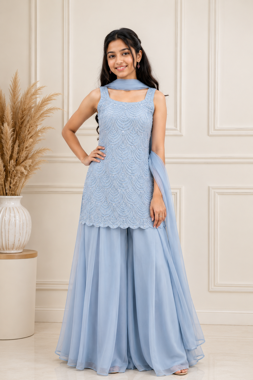 Girls’ Ice Blue Beaded Palazzo Set