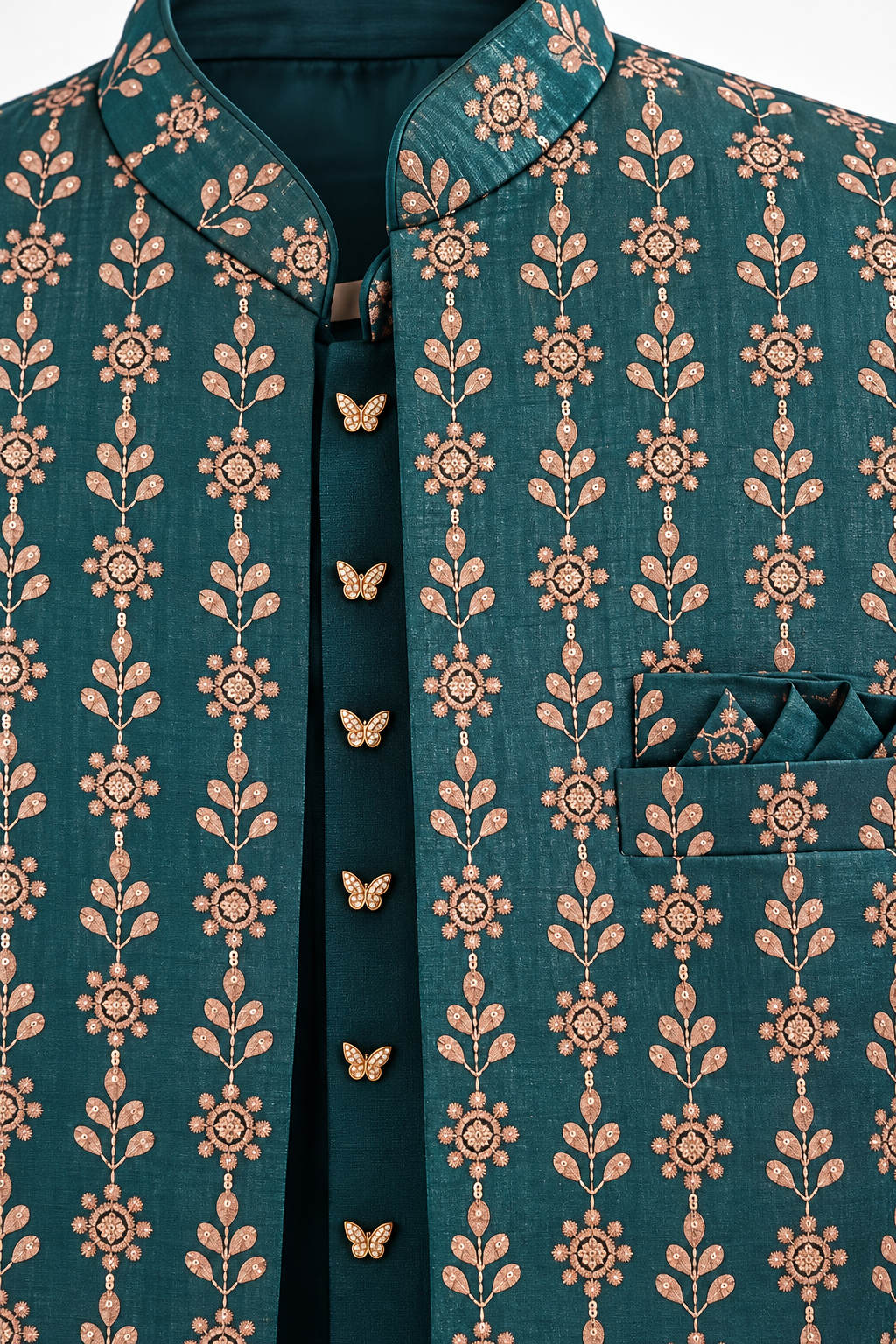 Teal Blue Men's Embroidered Kurta Set with Designer Jacket