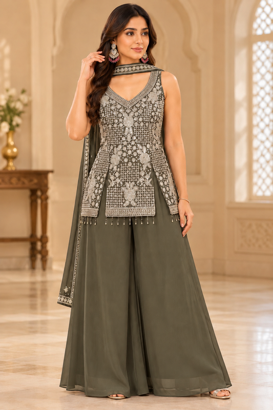 Elegant Olive Green Embroidered Ethnic Suit Set- Sleeves attached inside