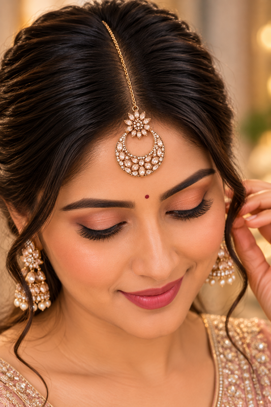 Gold-Tone Crescent Maang Tikka – Crystal Bridal Jewellery