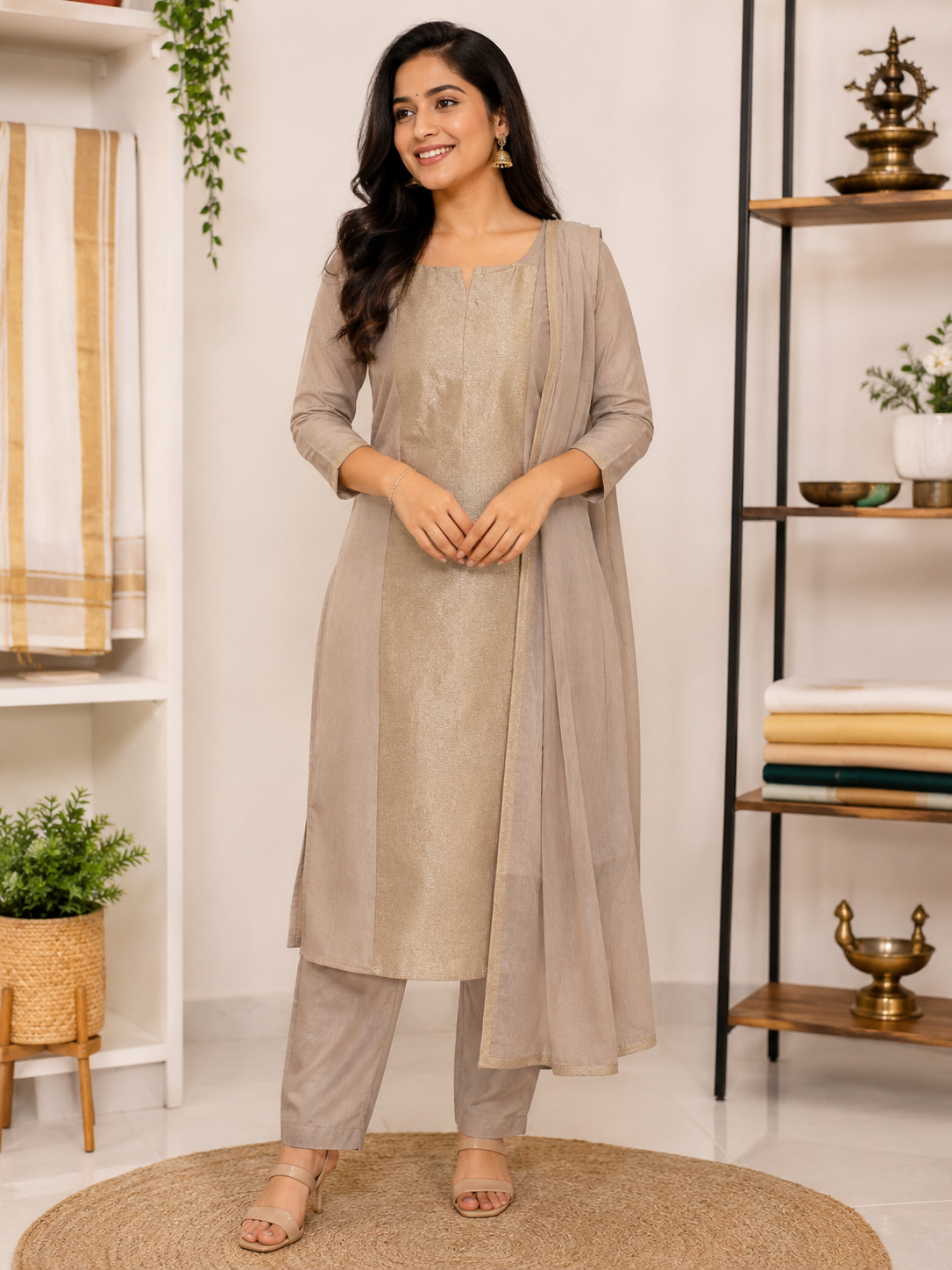 Front view of a woman wearing a champagne beige 3-piece kerala Onam churidhar or  kurta set featuring a premium tissue fabric center panel, tailored pants, and matching dupatta.