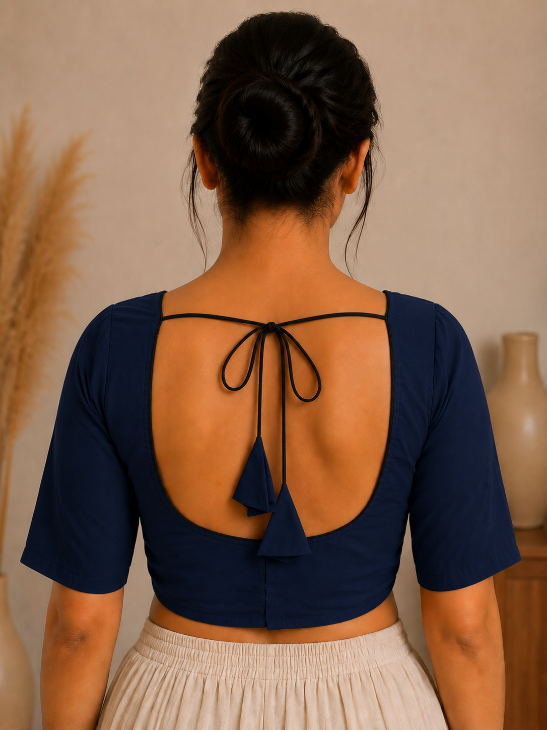 Chic Navy Blue Cotton Saree Blouse – Sweetheart Neck & Open Tie-Back