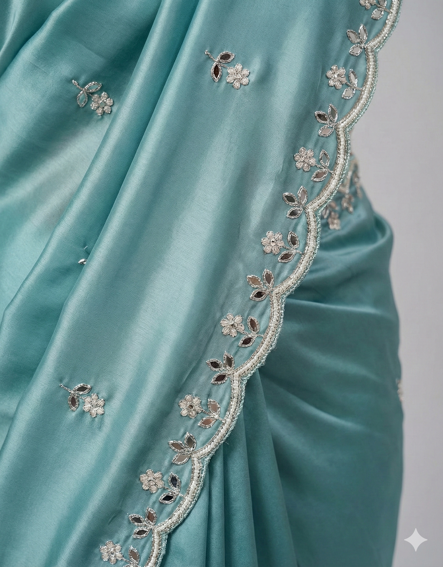 Hand-Embroidered Teal Saree with Mirror Work - Complete Ready-to-Wear Set
