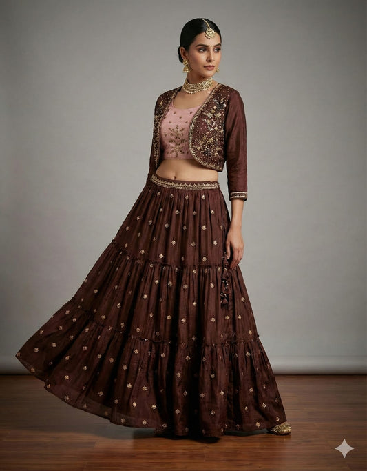 Chocolate Brown Tiered Lehenga Set with Embroidered Jacket