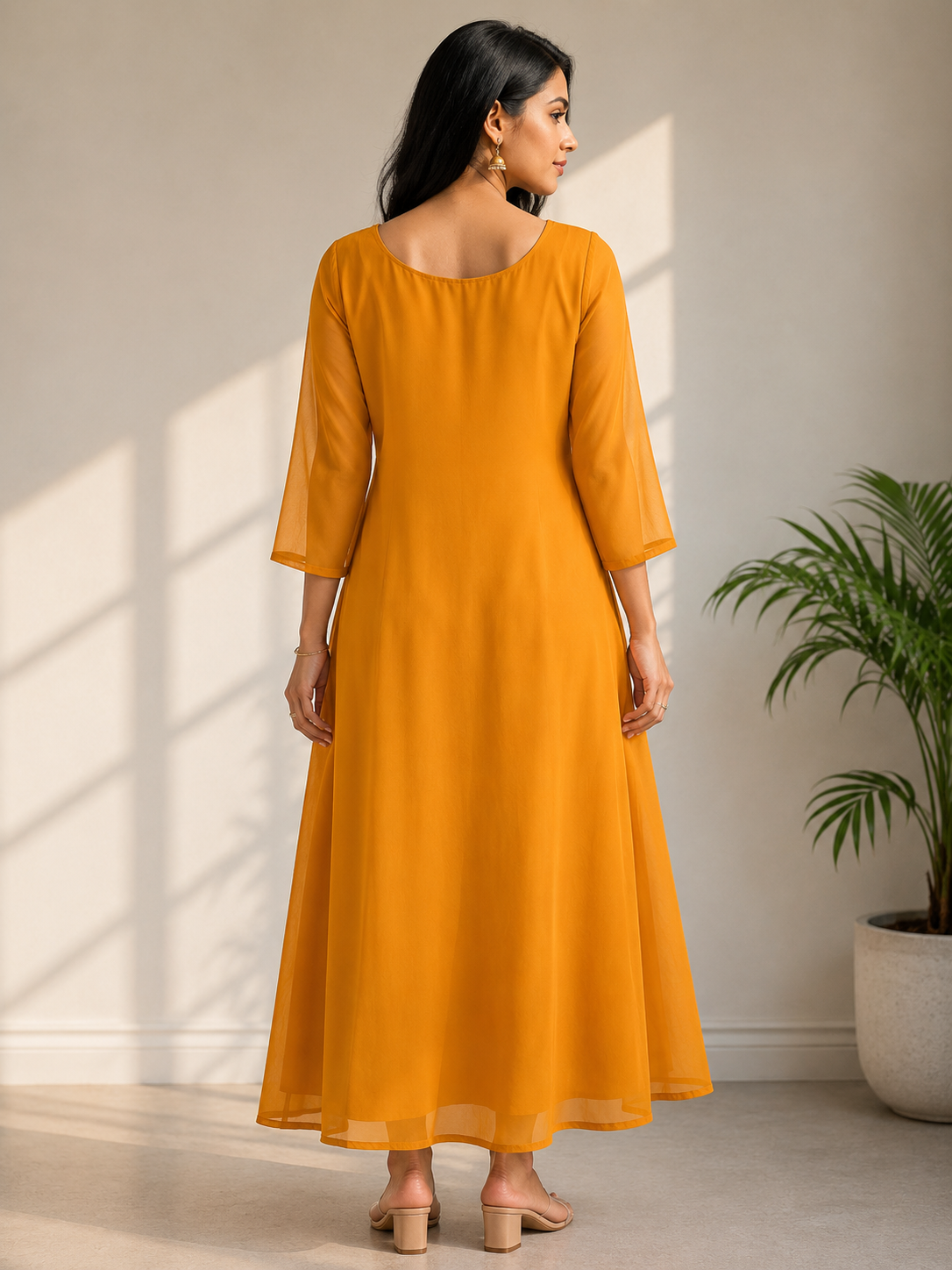 Vibrant Mustard Georgette Kurti with Intricate Mirror & Bead Work