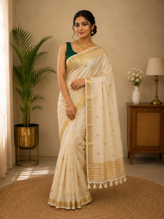 Off-White Mul Cotton Saree with Golden Buttas
