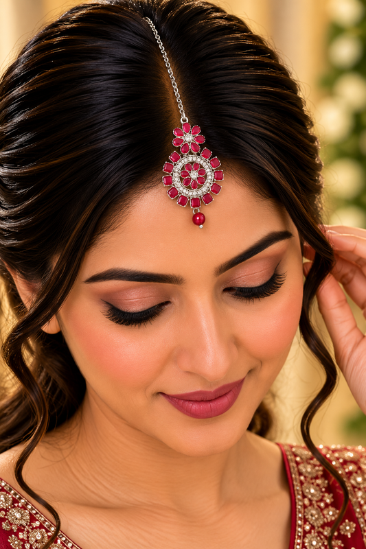 Red and Silver Floral Maang Tikka – Indian Bridal Jewellery