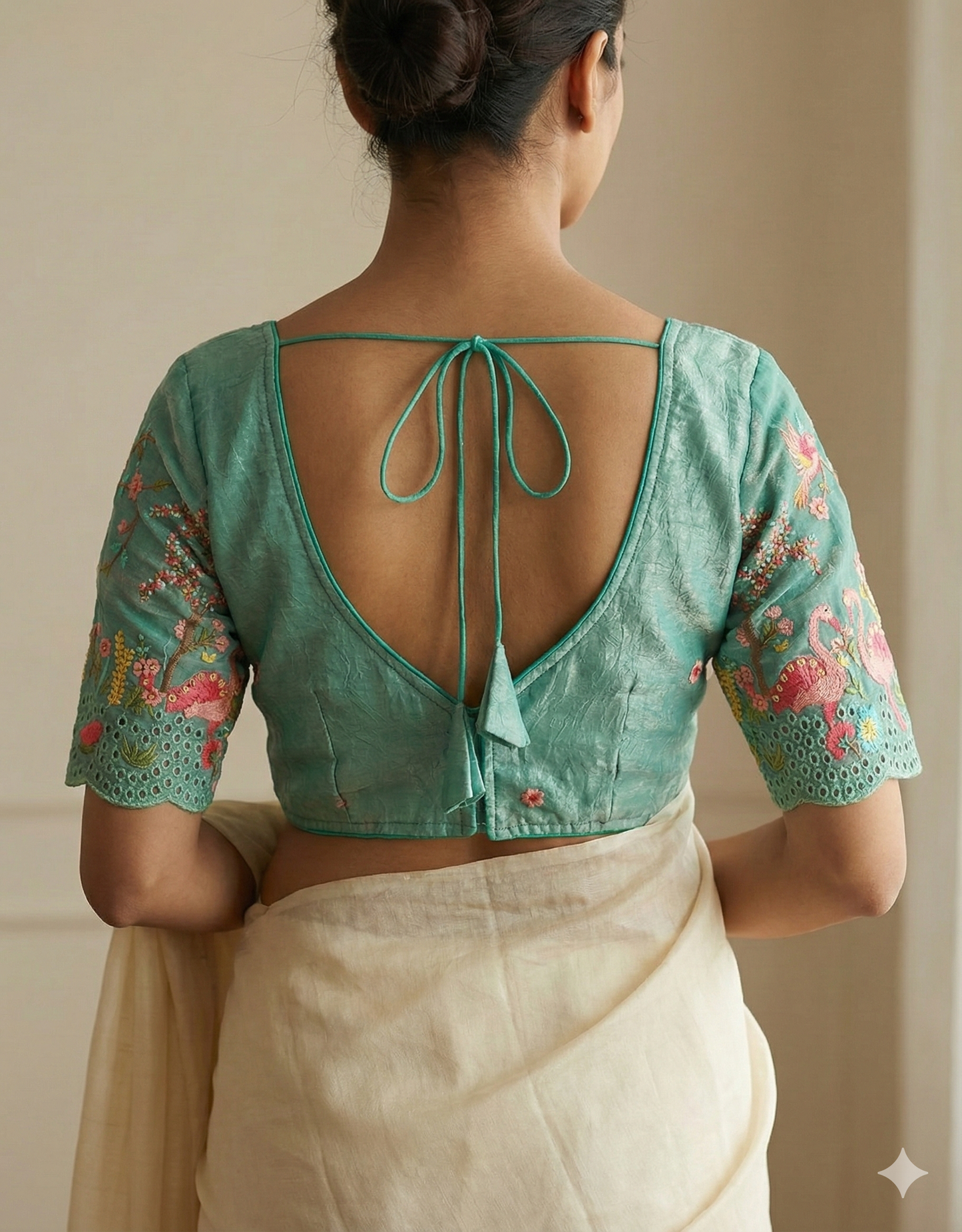 Crushed Tissue Blouse with Flamingo Embroidery (Size 40)