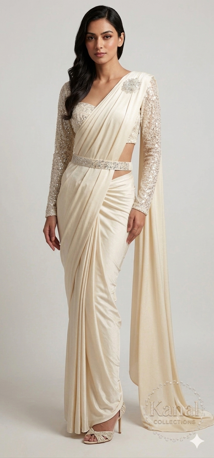 Elegant Cream Sequin "One-Minute" Ready-to-Wear Saree