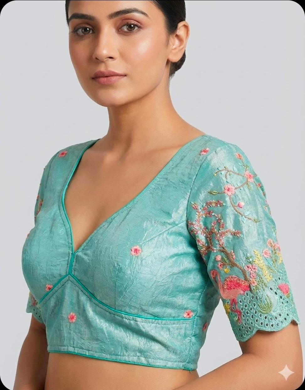 Crushed Tissue Blouse with Flamingo Embroidery (Size 40)