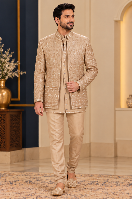 Men's Beige Gold Embroidered Sherwani – Wedding & Groom Wear