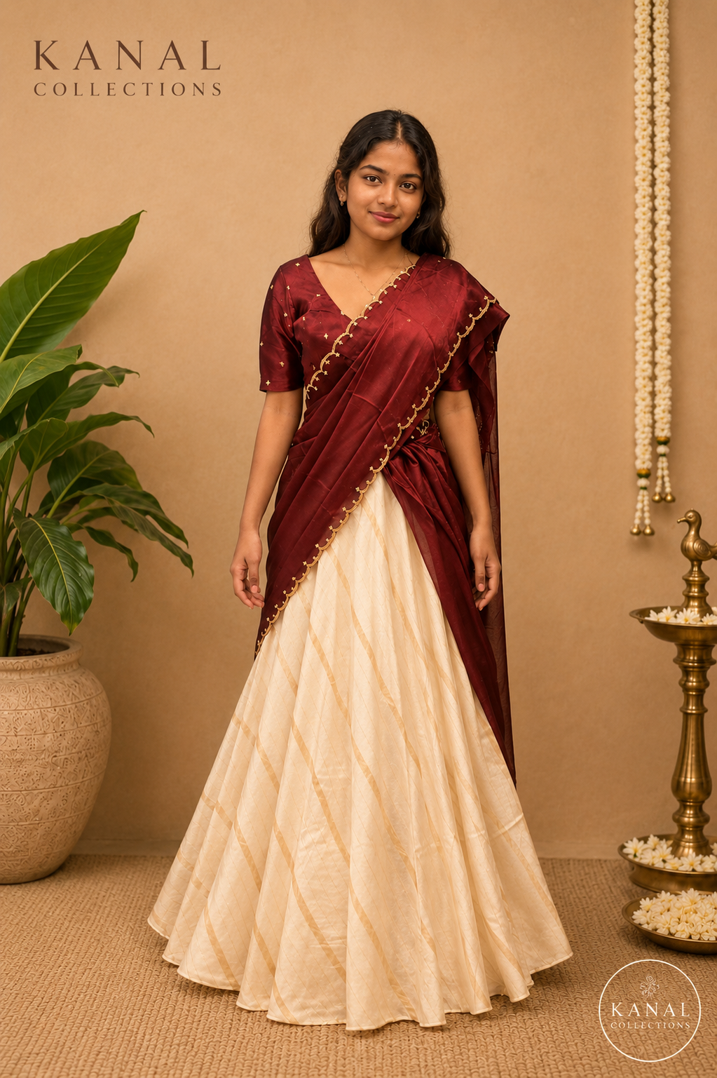 A woman modeling a traditional Indian outfit consisting of a cream-colored flared skirt (lehenga) and a deep maroon draped top and dupatta with gold embroidery. The brand name 'KANAL COLLECTIONS' is visible in the top left corner.
