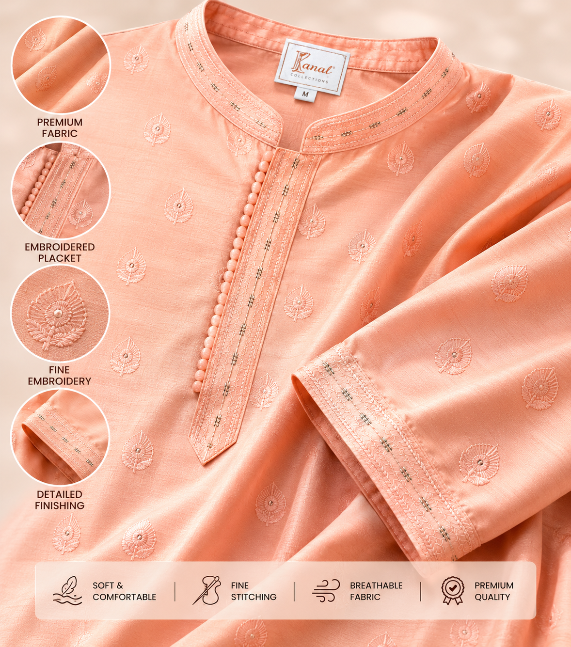 Close-up detail of fine leaf embroidery and embroidered placket on Kanal Collections pastel peach kurta