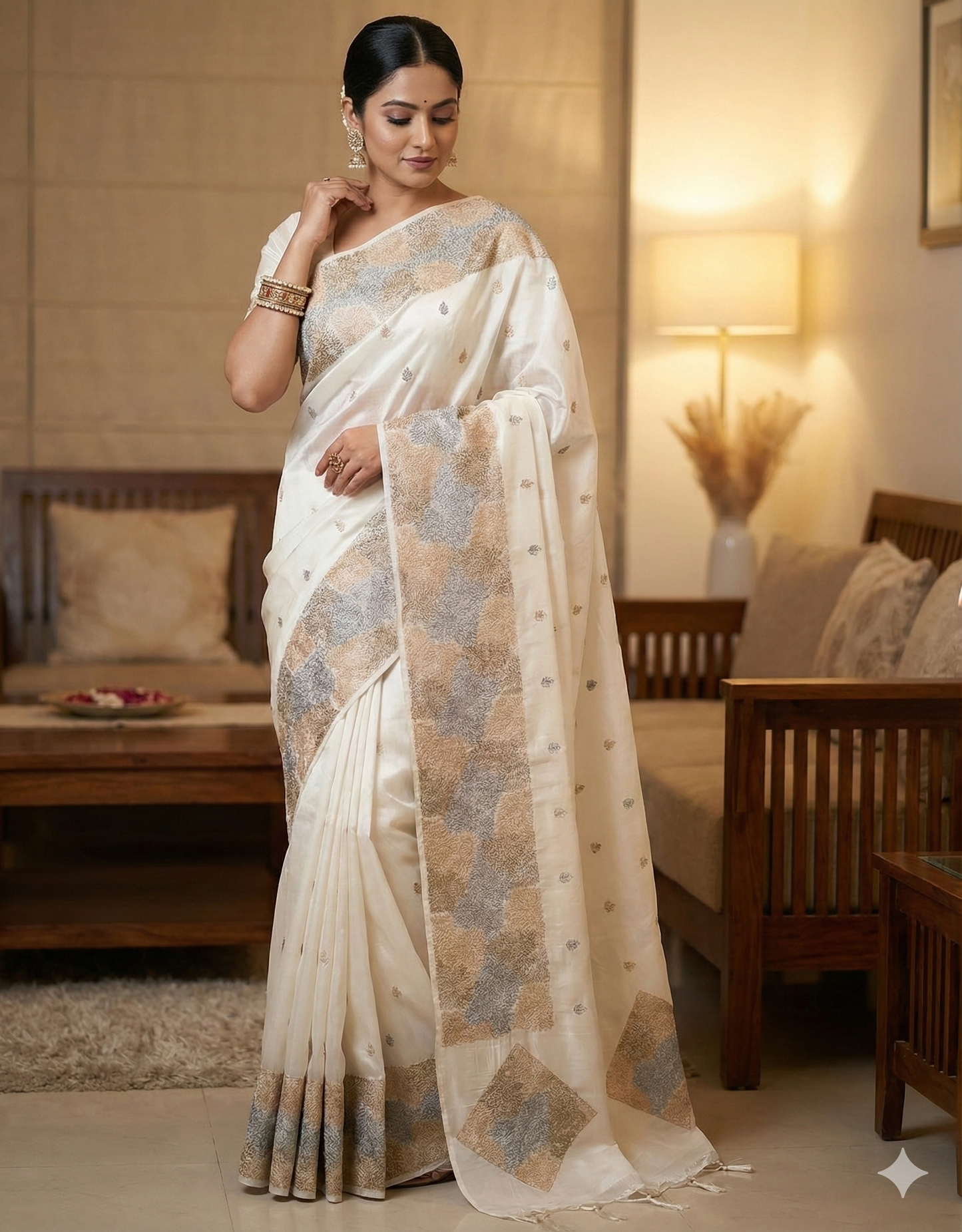 Ivory Geometric Embroidered Silk Saree (Includes Stitched Blouse Size 38)