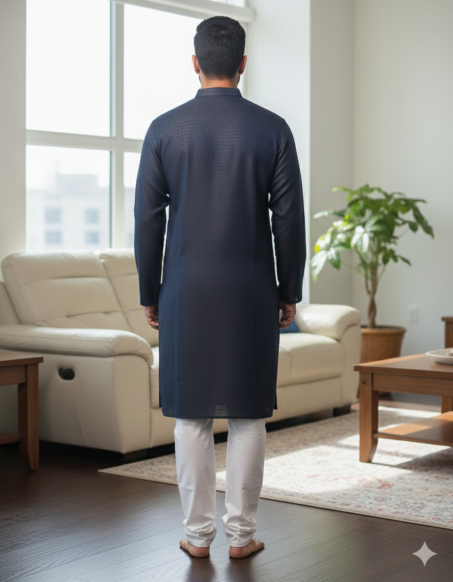 Elegant Navy Blue Textured Men's Kurta Set