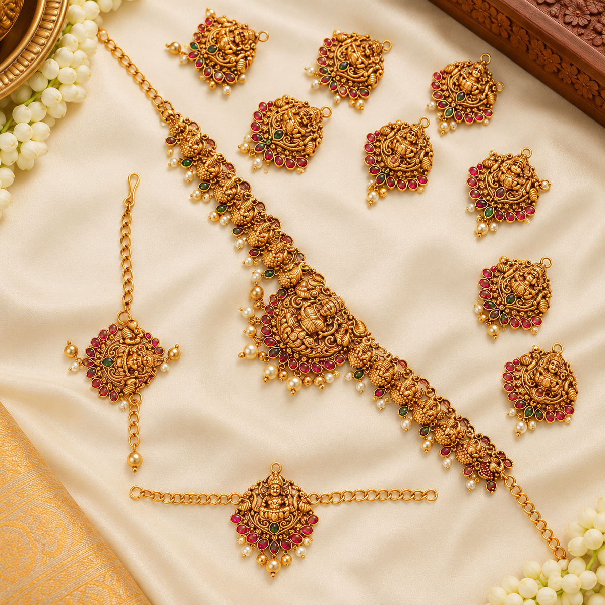 Traditional Lakshmi Temple Bridal Jewellery Set with Ruby & Green Stone Accents