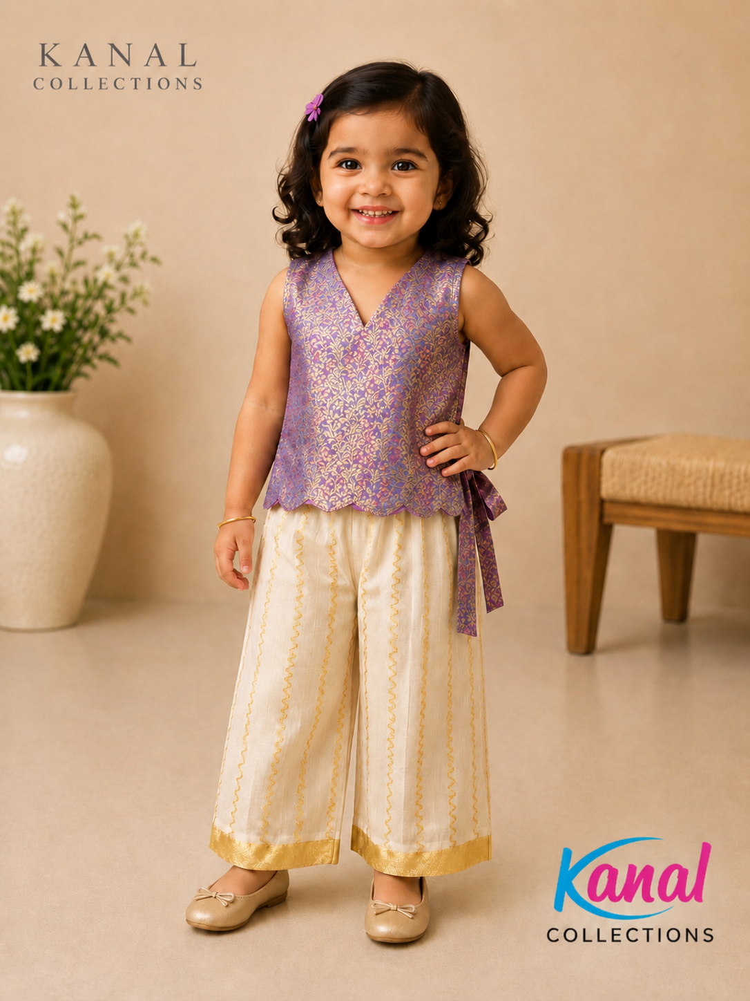 Kids Purple Brocade Crop Top with Kerala Kasavu Pant & top Set | Ethnic Wear for Girls | Kanal Collections
