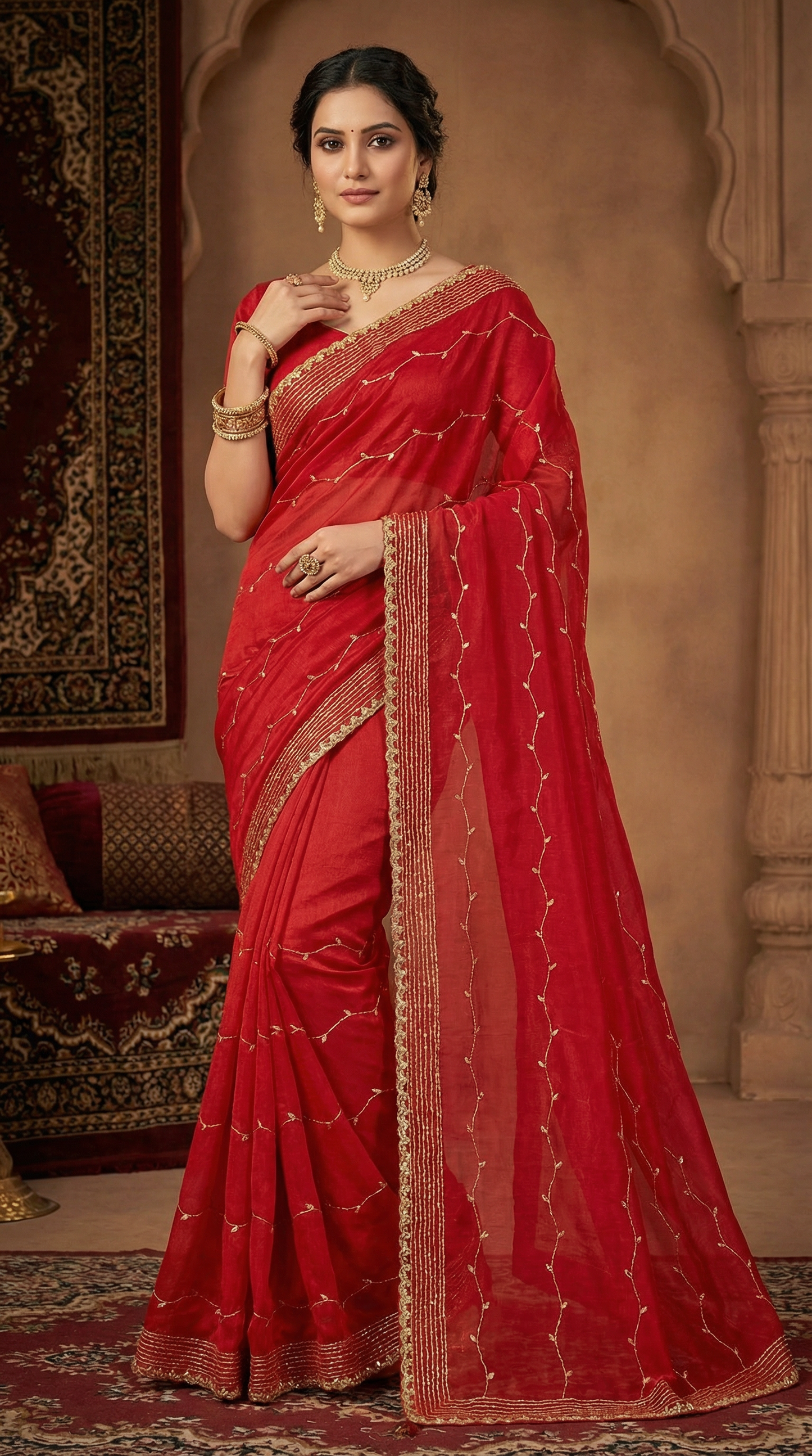 Deep Ruby Jimmy Choo Fabric Saree with Gold & Silver Beadwork