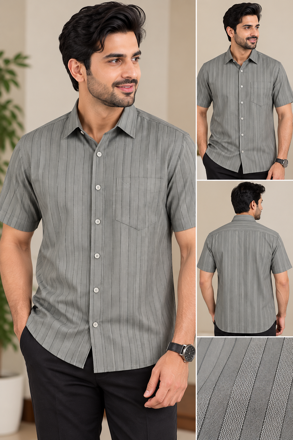 Men’s Grey Striped Short Sleeve Shirt | Smart Casual Wear
