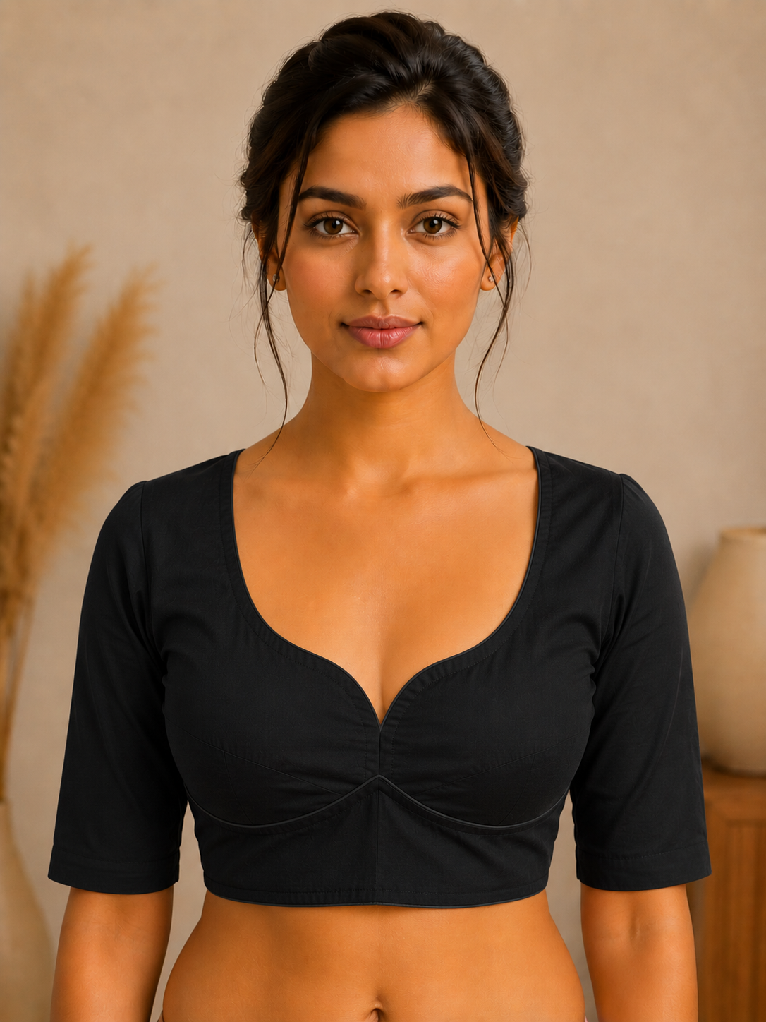 Classic Black Cotton Saree Blouse – Sweetheart Neck & Open Tie-Back