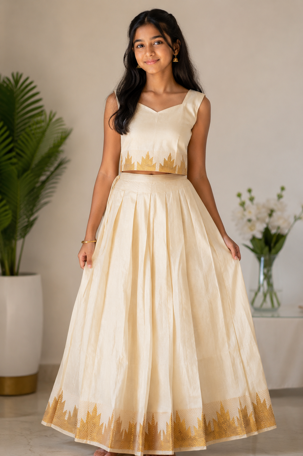 Elegant Off-White & Gold Pattu Pavada Blouse Set for Girls