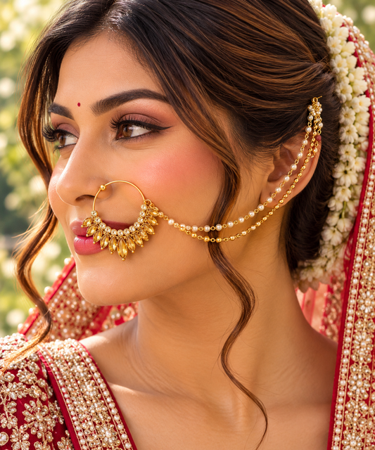 Gold-Tone Bridal Nath with Amber Stones and Pearl Chains