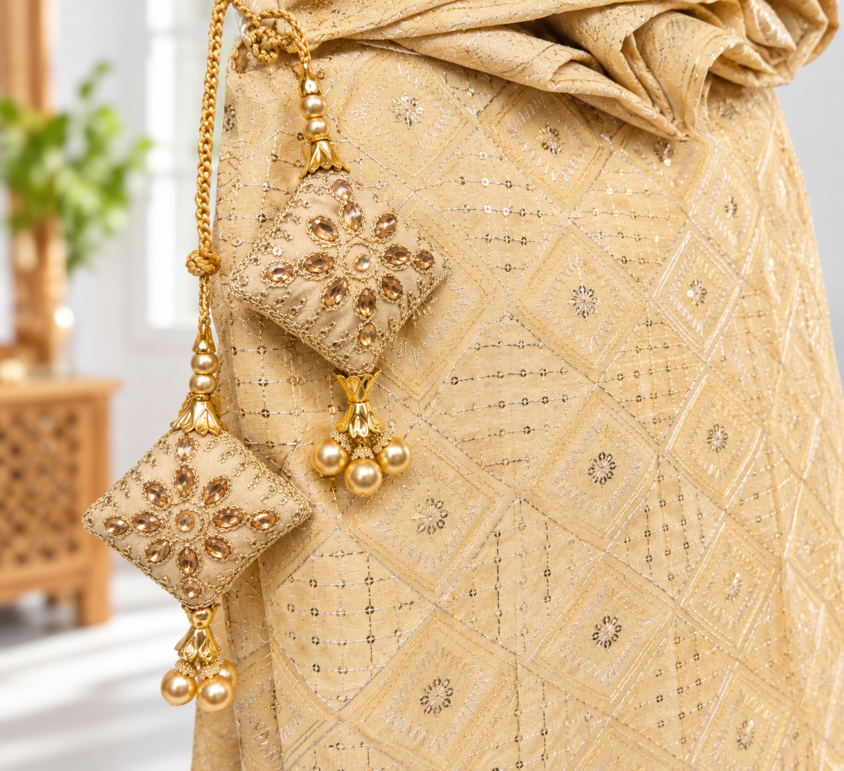 Champagne Gold Embroidered Lehenga Skirt – Traditional Indian Party Wear