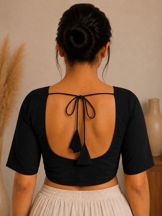 Classic Black Cotton Saree Blouse – Sweetheart Neck & Open Tie-Back