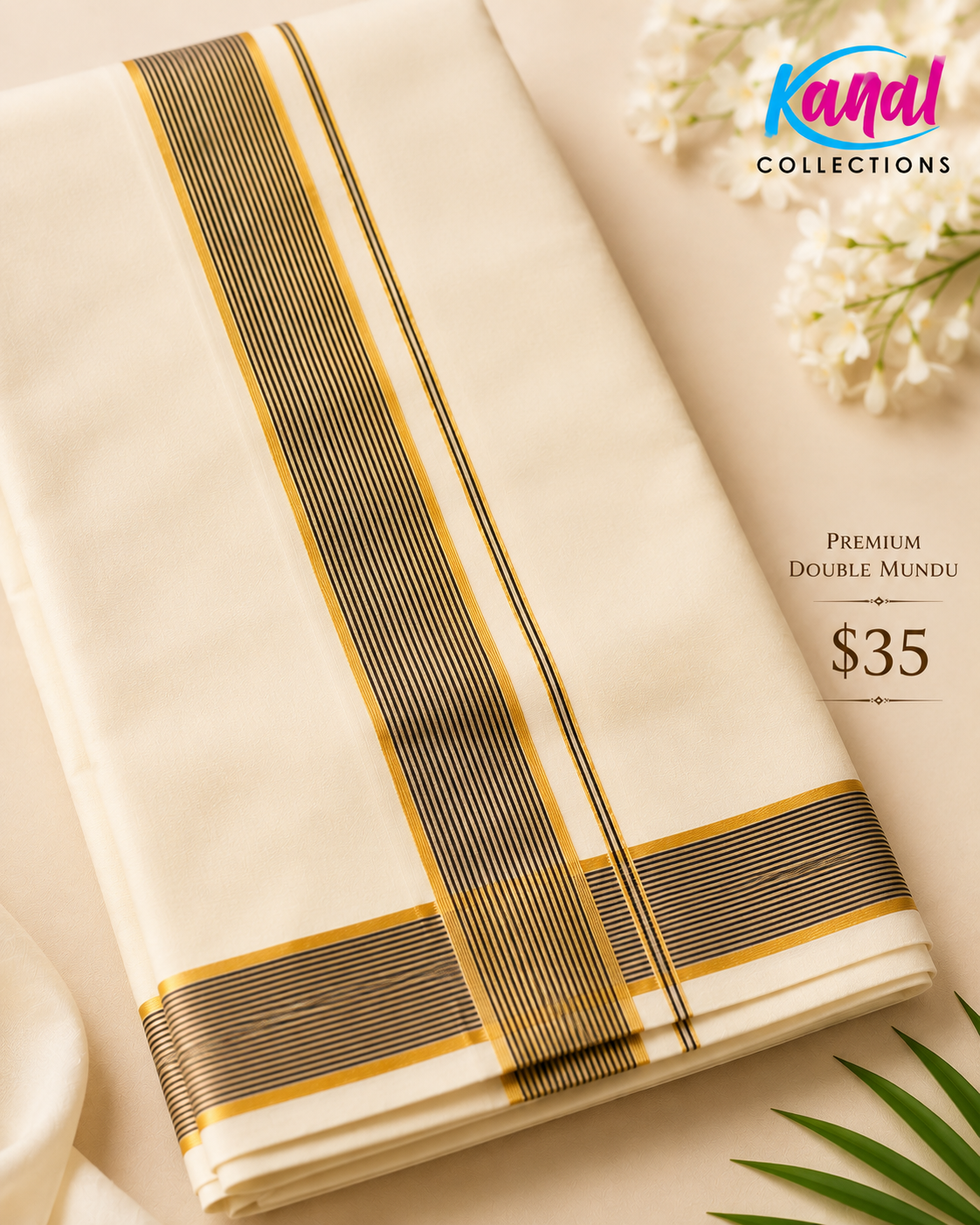 White Dotiwith gold and Blue border on a beige background, featuring the Kand Collections logo.