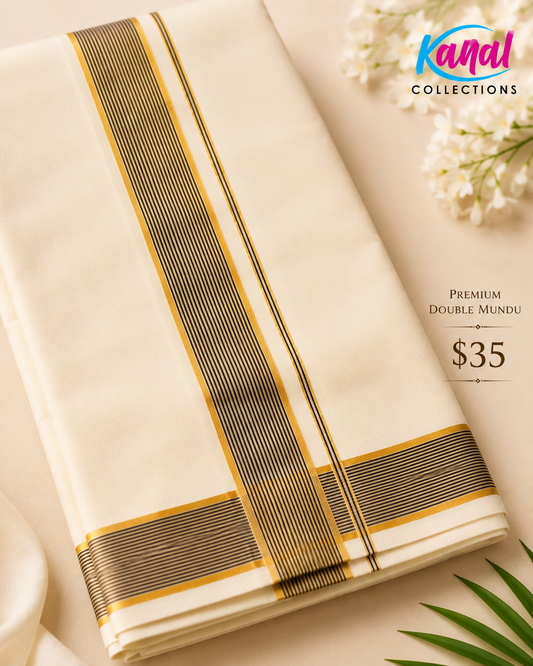 White Dotiwith gold and Blue border on a beige background, featuring the Kand Collections logo.