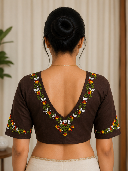 Espresso Brown Embroidered Cotton Blouse