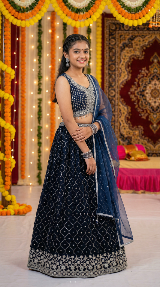 Midnight Blue Velvet Lehenga Choli with Silver Floral Embroidery