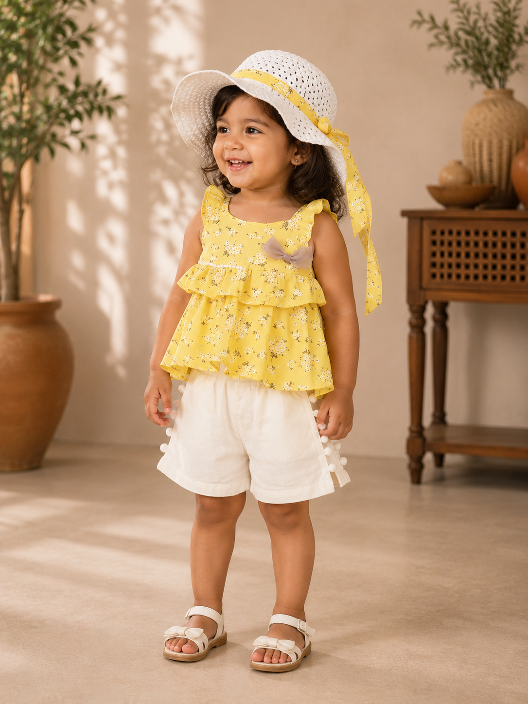Sunshine Floral Ruffle Top, Shorts & Matching Sun Hat 3-Piece Set