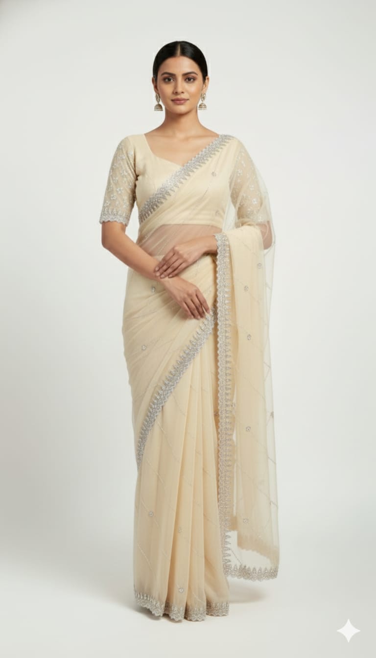 Ivory Soft Organza Saree with Handcrafted Beadwork