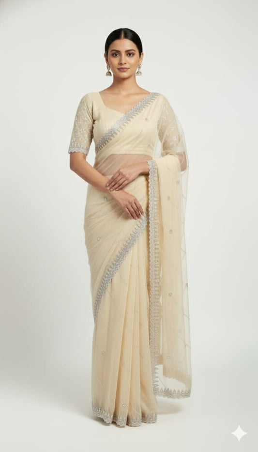 Ivory Soft Organza Saree with Handcrafted Beadwork