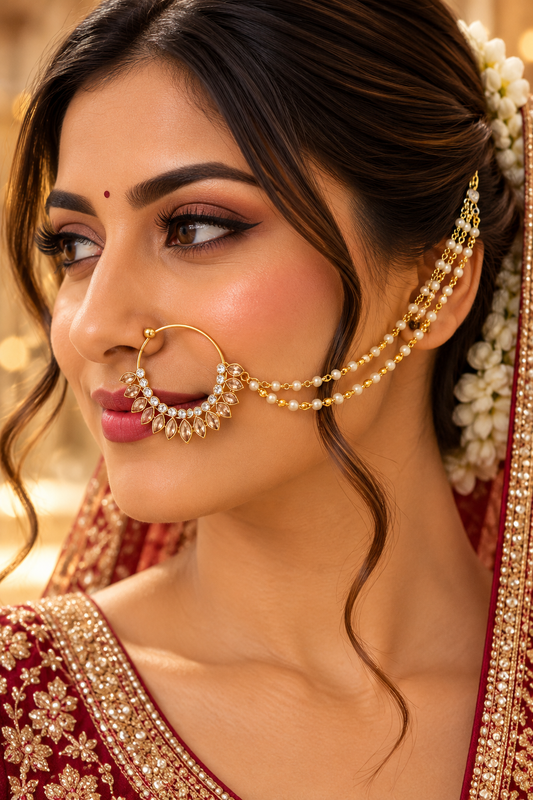 Three-Layer Pearl Chain Bridal Nath – Gold-Tone Indian Wedding Nose Ring