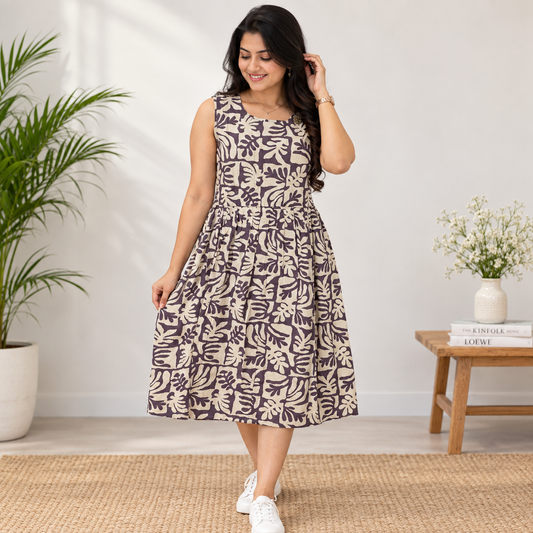 Purple & Cream Printed Sleeveless Midi Dress