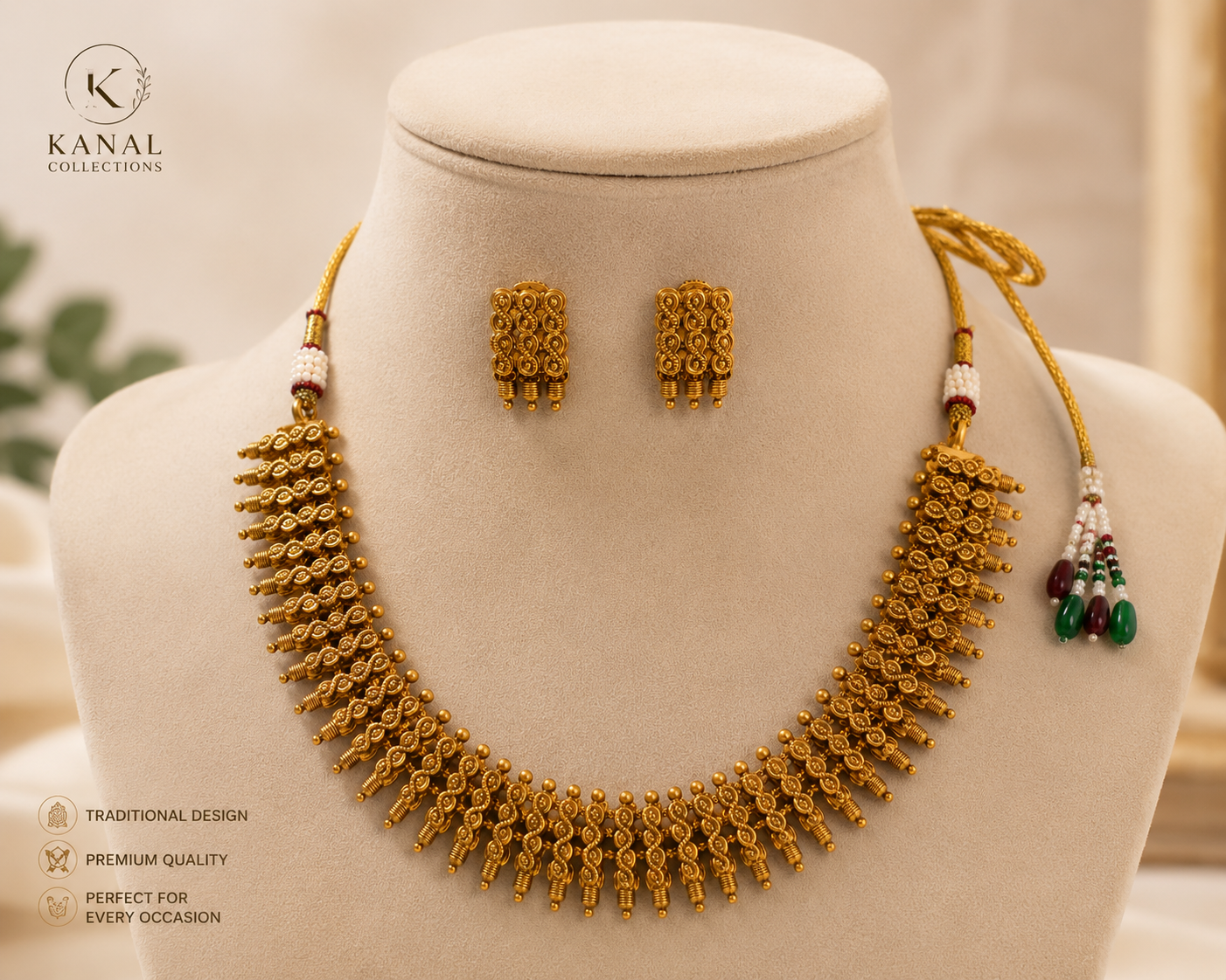 Kanal Collections antique gold traditional Indian style necklace and matching stud earrings set on a display bust with price tag