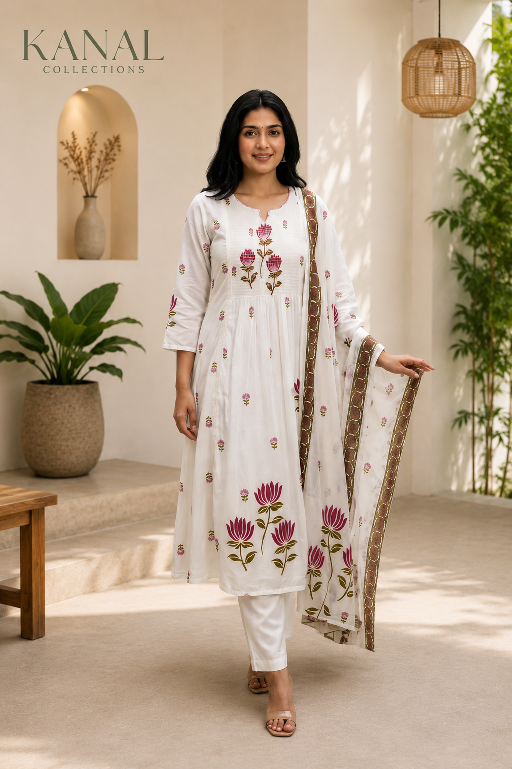 Pure cotton White Floral Kurta Set with bottom & Dupatta | Kanal Collections