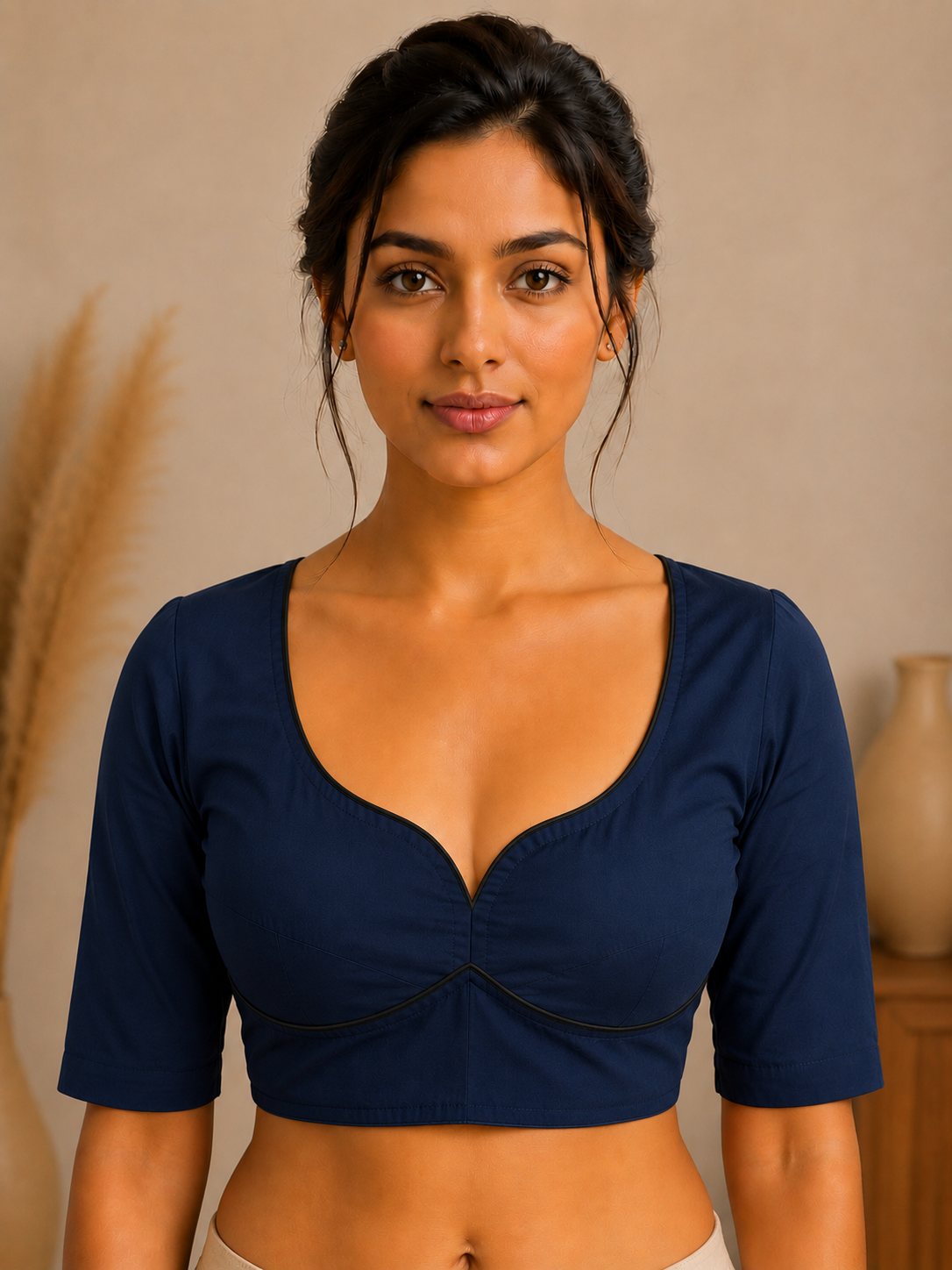Chic Navy Blue Cotton Saree Blouse – Sweetheart Neck & Open Tie-Back