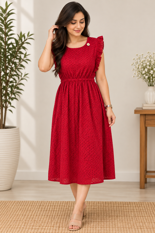 Red Embroidered Eyelet Midi Dress