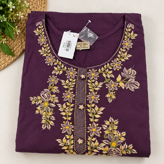 Deep Purple Embroidered Cotton Co-ord Set with Designer Sleeves