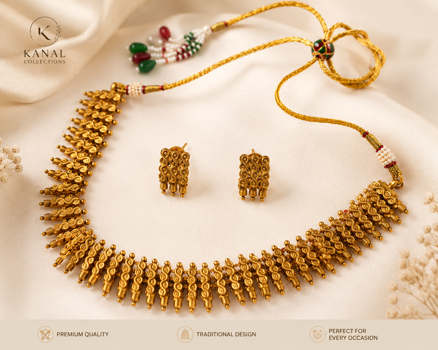 Flat lay view of a premium quality traditional antique gold jewelry set with adjustable drawstring cord by Kanal Collections