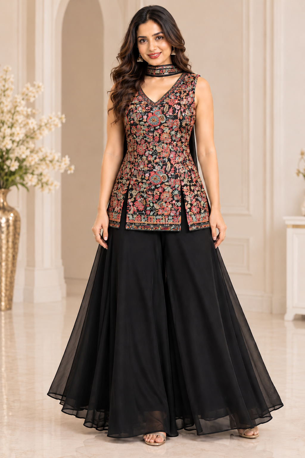 Black Floral Embroidered Palazzo Set