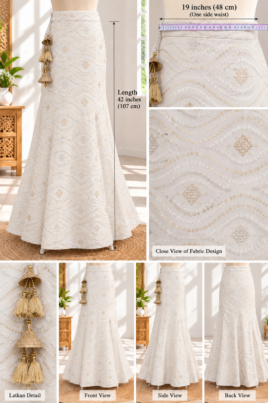 Ivory White Embroidered Lehenga Skirt with Gold Sequin Work