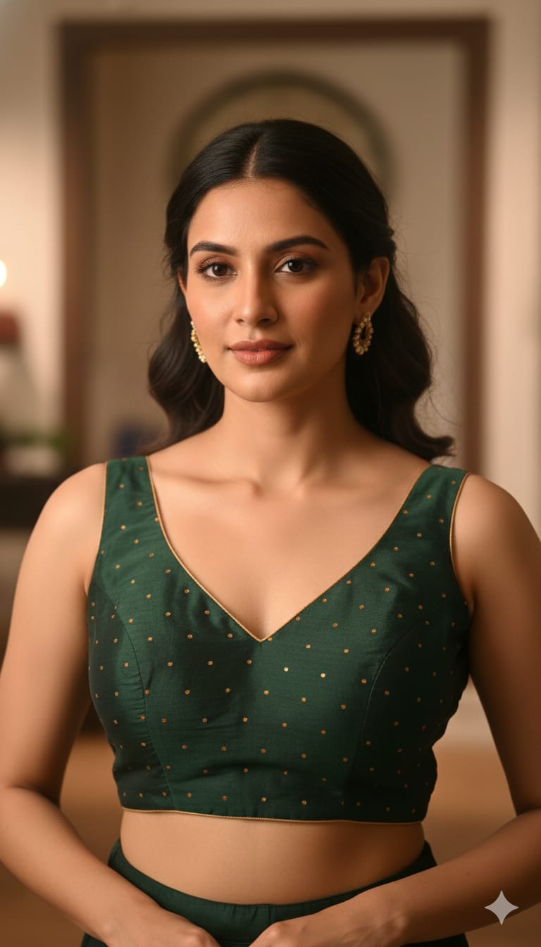 Elegant Forest Green Silk Blouse with Gold Polka Accents