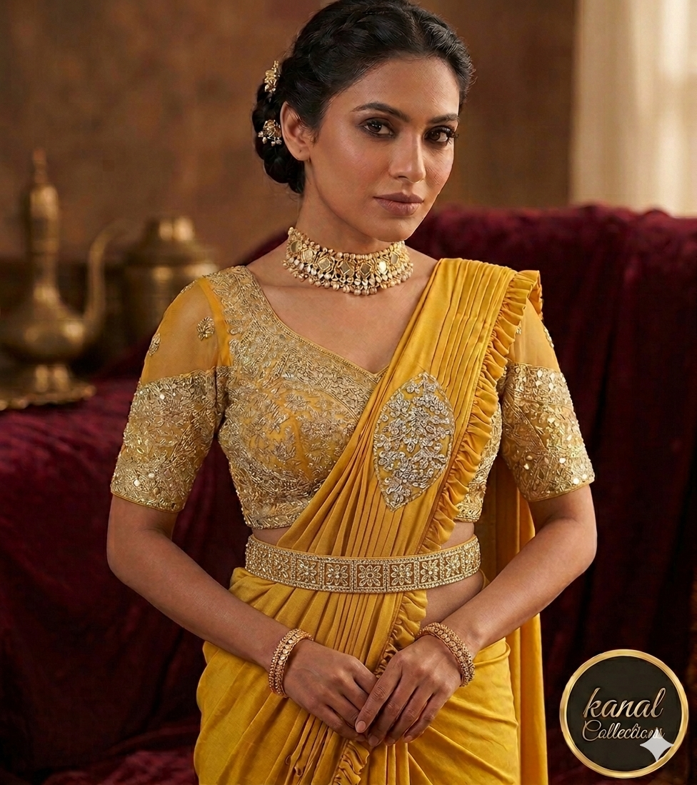 Exquisite Mustard Yellow Ready-to-Wear / "one minute saree" Saree