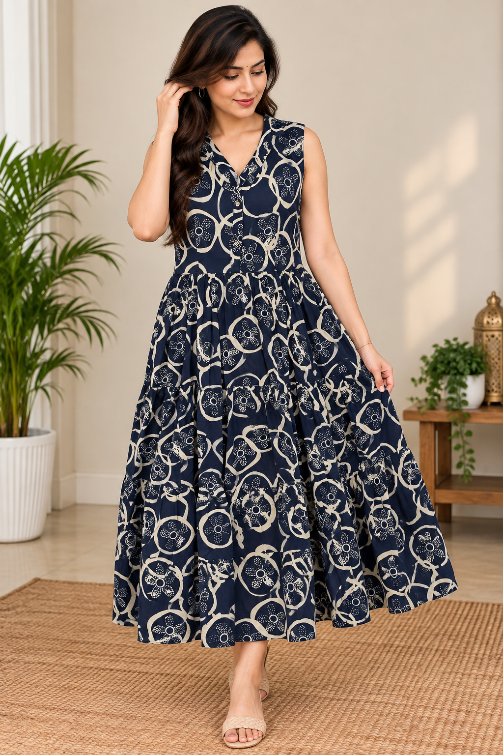 Cotton Printed Maxi Dress – Navy Blue